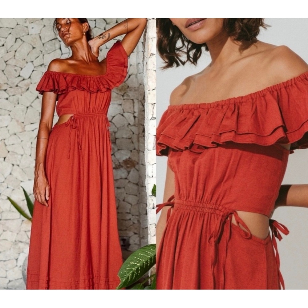 Cleobella Daria midi cut out sides dress deep brick cotton linen size XS